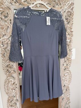 BB Dakota Lace Yoke Fit & Flare Dress in Slate Blue